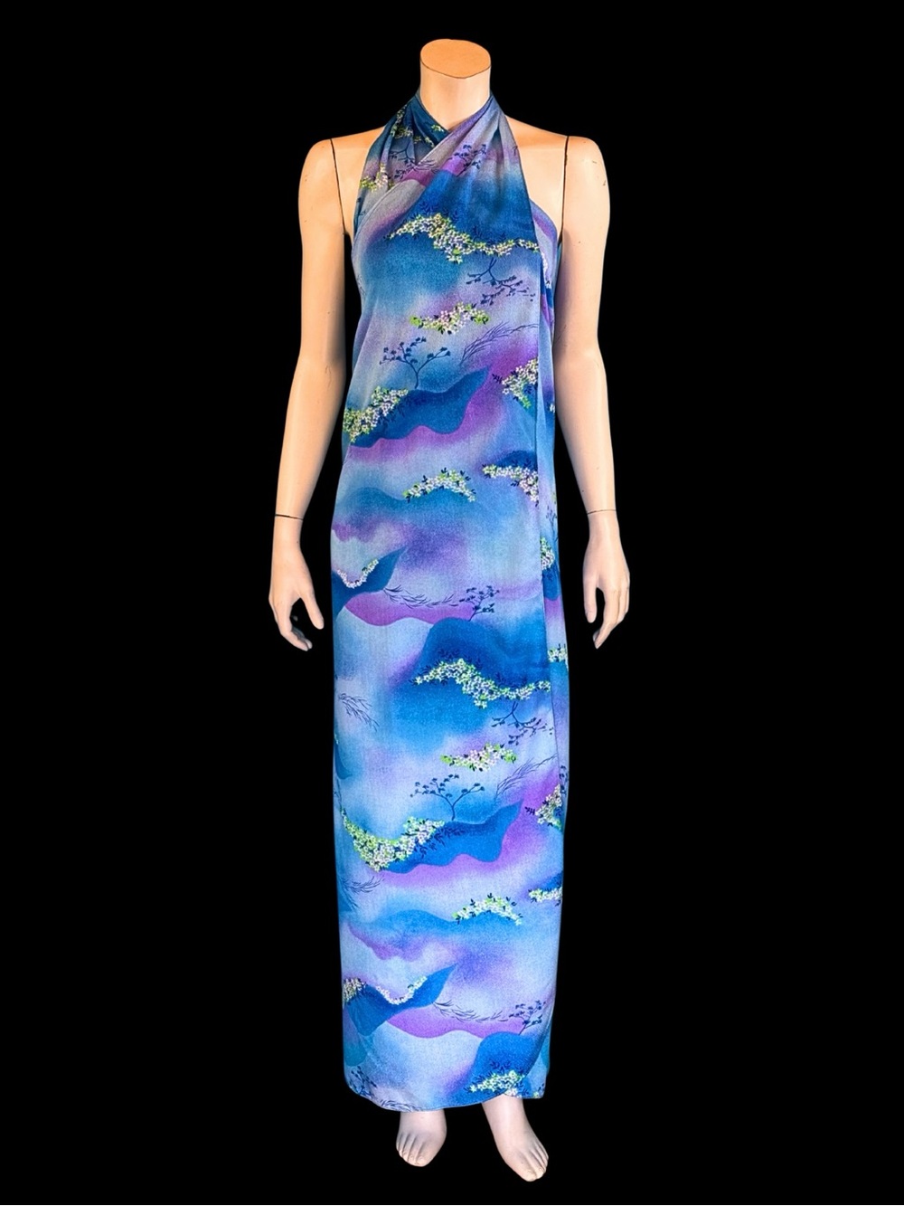 1970s Hawaiian Sarong Backless Tropical Halter Wrap Dress | SML